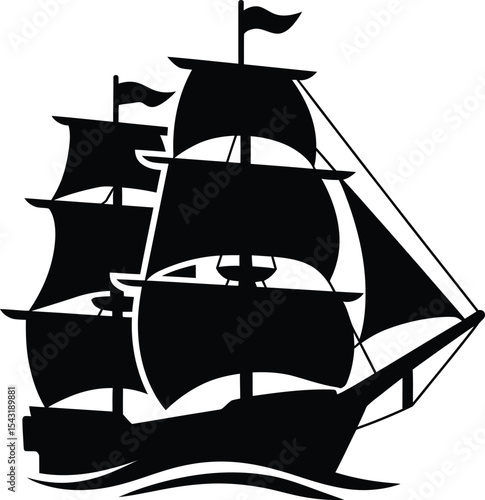 Classic Vintage Sailing Ship Silhouette on Waves – Nautical Marine Vector Icon