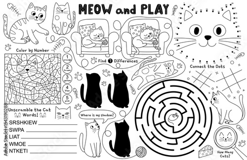 Placemat for kids with cute cats. Funny feline characters activity mat with dot to dot, find 7 differences, color by number and other games. Vector illustration