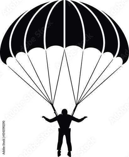 Black Silhouette of a Skydiver with Open Parachute in Air, Parachute Silhouette Icon