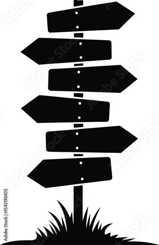 Black and White Silhouette of Directional Arrow Signpost in Grass, Direction Sign Silhouette Icon