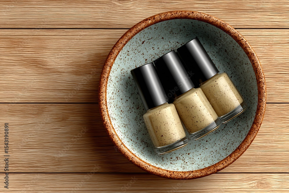 Fototapeta premium Three Nail Polish Bottles Mockups Resting Inside A Shallow Ceramic Bowl. All Bottles Are Blank, Capped, And Slightly Angled For A Relaxed Aesthetic. The Bowl Sits On A Warm-Toned Wooden Table With S