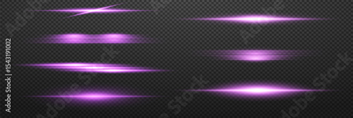 Collection of horizontal purple light rays, purple line flare. EPS 10 vector.
