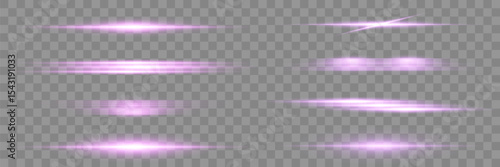 Collection of horizontal purple light rays, purple line flare. EPS 10 vector.