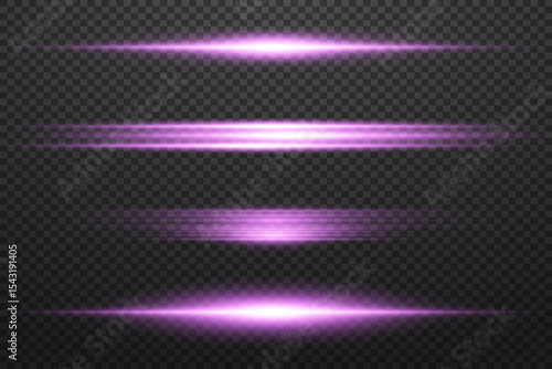 Collection of horizontal purple light rays, purple line flare. EPS 10 vector.