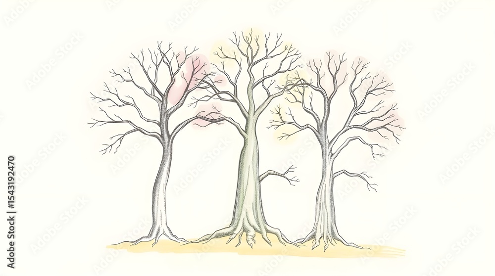 Fototapeta premium Three leafless trees stand side by side, each with intricate branches extending outward against a light background. Subtle hints of color appear on some branches, suggesting an artistic touch.