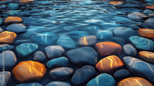 Serene Blue Water Flowing over Colorful River Stones Calm and Natural Waterscape with Round Rocks