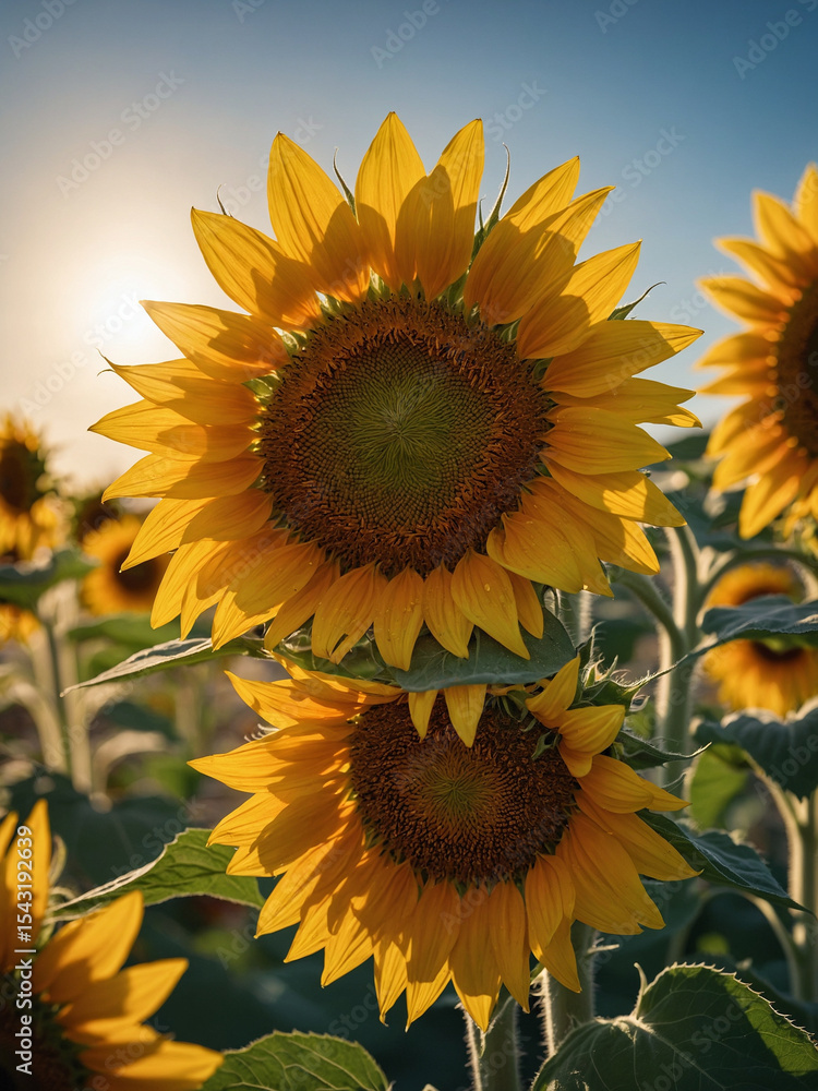 Fototapeta premium Close-up of sunflower center in sharp focus glowing under bright summer sky with blurred petals and background suggesting vibrant life and warmth this composition uses rich yellow