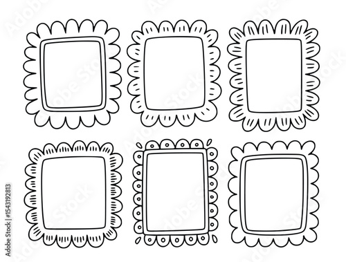 A playful arrangement of doodle frames and borders offers charming design elements in various shapes and sizes, silhouette