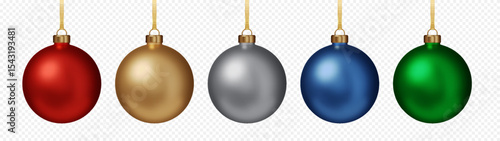 Christmas balls set various colors of metallic paint isolated. Christmas and Happy New Year toy bauble decorations hanging with gold ribbon bow. PNG