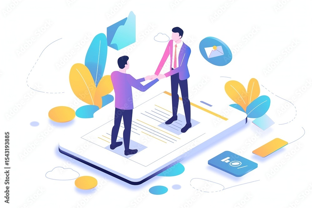 Professional corporate handshake between two business people in isometric 3D illustration style with soft colors and simple composition, white background with space for text, conveying trust Professional corporate handshake between two business people in isometric 3D illustration style with soft colors and simple composition, white background with space for text, conveying trust