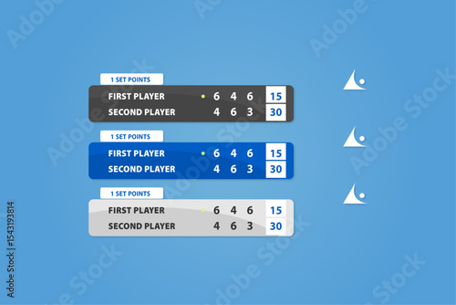set of vector banners for a tennis match, broadcasting the game and keeping score live