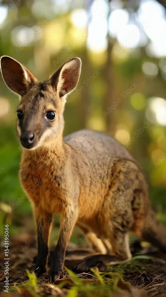 Adorable brown wallaby looking at the camera in a natural bushland habitat in soft lighting, blurred forest background, detailed fur texture. Adorable brown wallaby looking at the camera in a natural bushland habitat in soft lighting, blurred forest background, detailed fur texture.