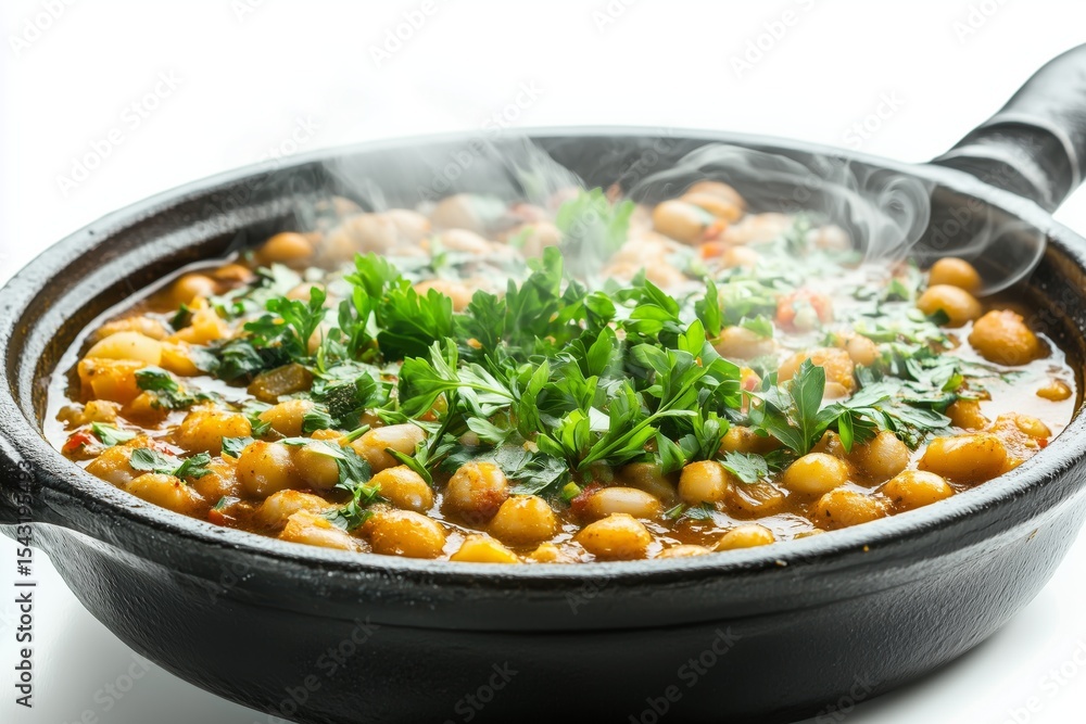 Ful medames presented in a black skillet, featuring steaming fava bean stew enriched with olive oil, garlic, cumin, parsley, and chili on a white background Ful medames presented in a black skillet, featuring steaming fava bean stew enriched with olive oil, garlic, cumin, parsley, and chili on a white background
