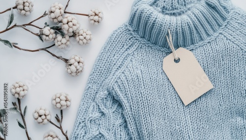 Light blue knitted sweater with a blank tag and winter sprigs