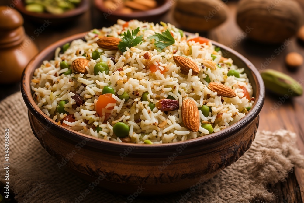 Kabuli pulao decorated with almonds and pistachios offering a vibrant and flavorful rice dish experience Kabuli pulao decorated with almonds and pistachios offering a vibrant and flavorful rice dish experience