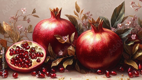 Exquisite pomegranate still life with vibrant hues and floral accents enhancing a sense of organic beauty and artistic elegance