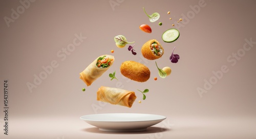 Floating culinary delights. A vibrant composition of spring rolls, croquettes, and fresh vegetables descending onto a white plate