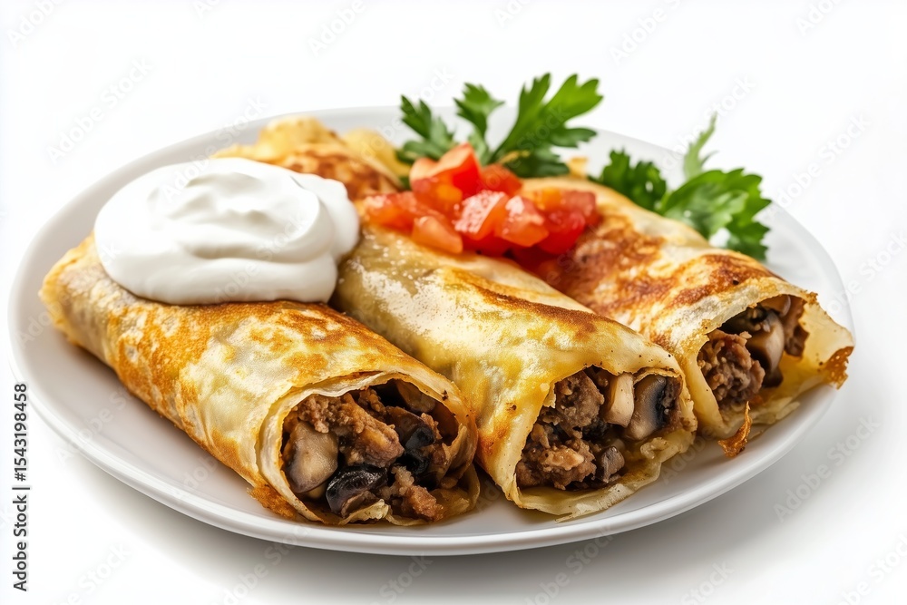 Delicious krokiety filled with meat and mushrooms, crispy and served with sour cream, perfect for any meal or snack Delicious krokiety filled with meat and mushrooms, crispy and served with sour cream, perfect for any meal or snack