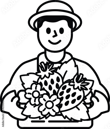 A man is holding a basket of strawberries and flowers