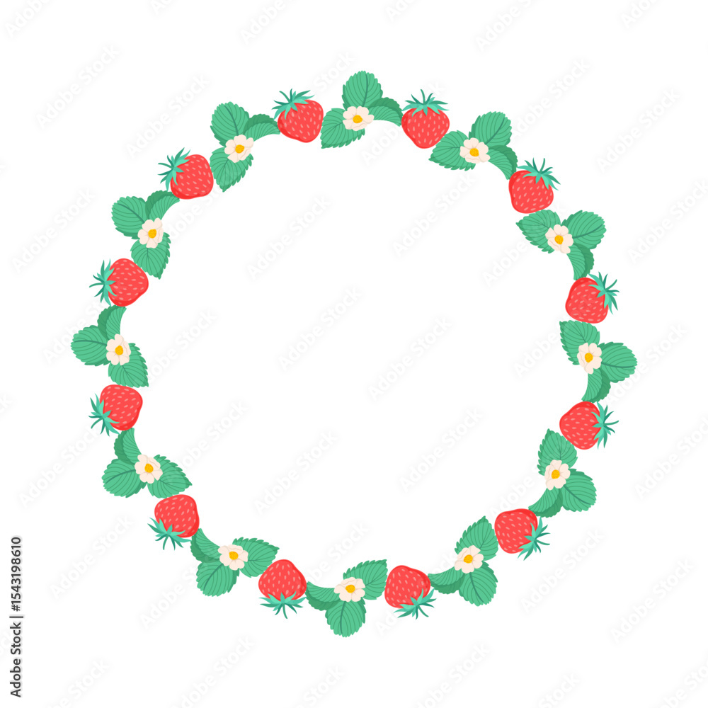 Round strawberry frame. Simple red strawberry wreath. Round seasonal berry border. Garden decoration. Floral wreath. Summer background For poster, banner, cover, invitation. Vector flat illustration. Round strawberry frame. Simple red strawberry wreath. Round seasonal berry border. Garden decoration. Floral wreath. Summer background For poster, banner, cover, invitation. Vector flat illustration.