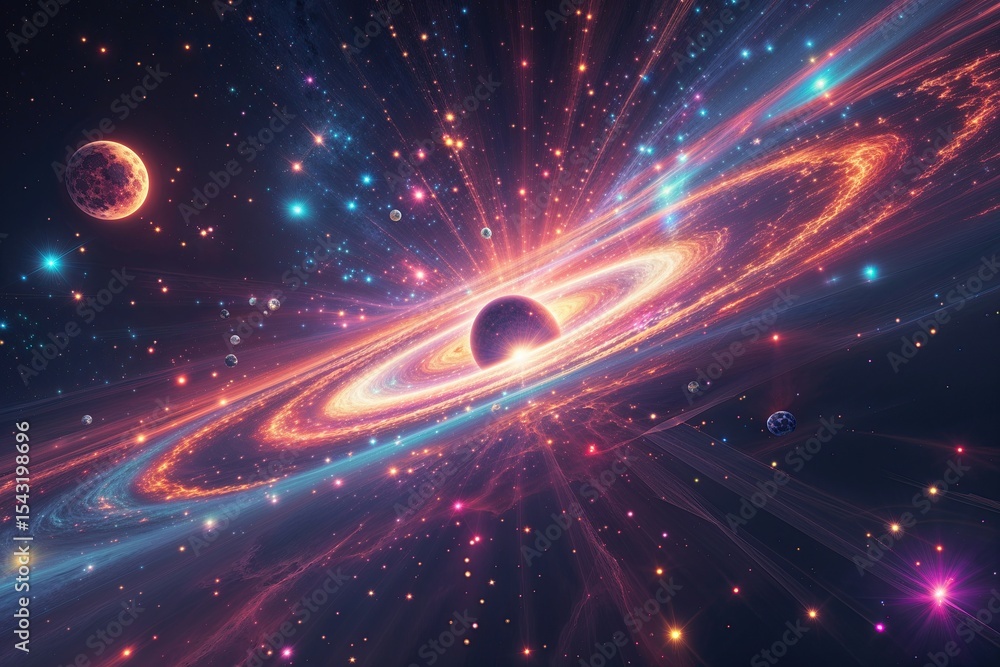 Obraz premium Vibrant Cosmic Art of Radiant Particles and Celestial Bodies