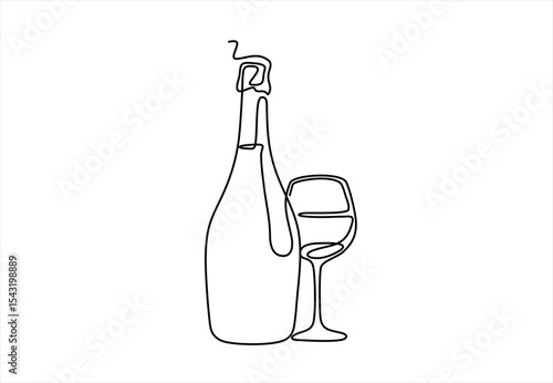 Continuous one line drawing of champagne bottle and glasses. Concept of cheers, toast, holiday in line art style.
