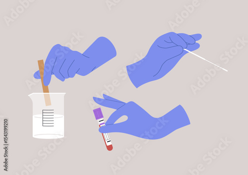 Hands wearing protective gloves engage in multiple laboratory tests, mixing solutions, collecting samples, and ensuring meticulous analysis in a clean, modern lab environment