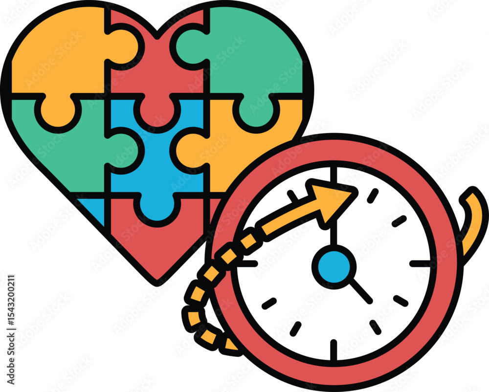 Obraz premium A puzzle piece heart and a clock with the hands on the number 3 and 9