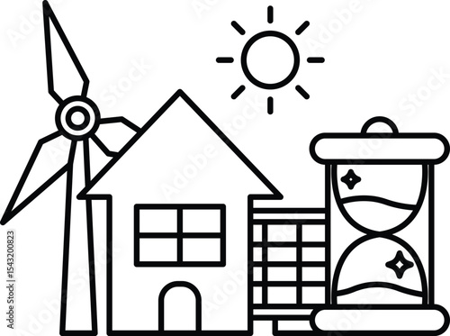 A house, a windmill, and a clock are all drawn together in a single image