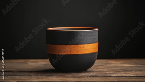 Dark-hued ceramic mug with orange accents sits on a wooden surface against a dark backdrop