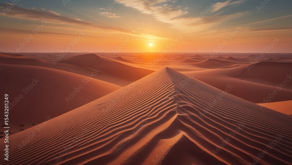 Naklejka premium Sunset over rolling sand dunes in a vast desert landscape
