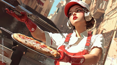 A woman in a red apron and cap holds a pizza and a gun.