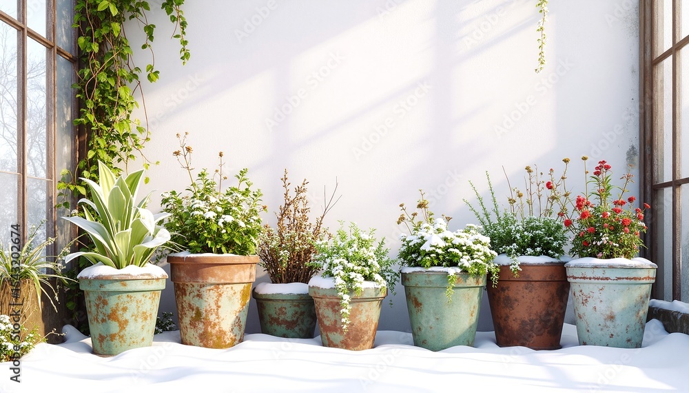 Fototapeta premium A vibrant row of ceramic pots, each filled with lush green plants, showcasing a variety of textures and shades, set against a bright, sunny backdrop.