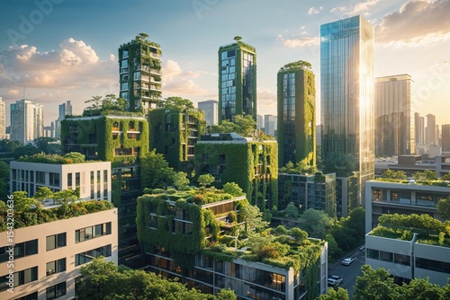Eco-Friendly Urban Landscape Featuring Green Buildings and Shining Skyscrapers