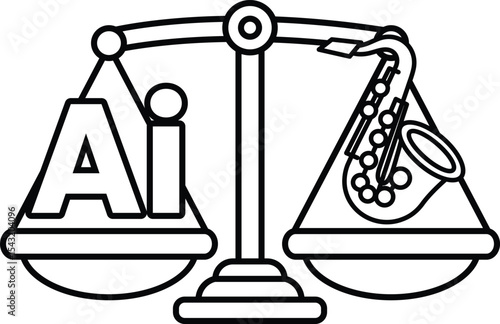 A scale with a saxophone on one side and the letters AI on the other