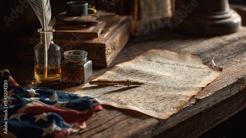 The signing of a historic American document is depicted with a quill pen and antique paper.