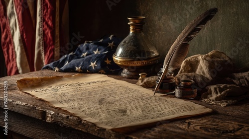 A patriotic scene representing the founding of the USA with a historic document and flag.