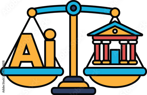 A scale with the letters AI on one side and a building on the other