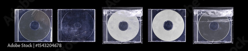 CD disk video case on black background. Isolated music transparent mockup. Clean cover box template.