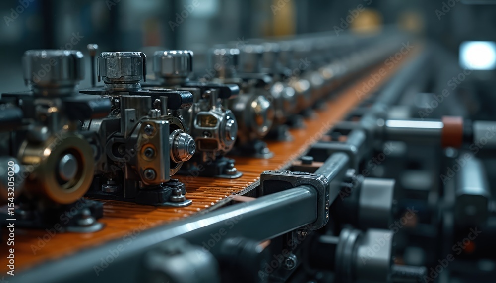 Fototapeta premium Close-up industrial machinery components. Production line engineering design features metallic machine elements. Automation tech, system, process, innovation factory. Modern workflow equipment