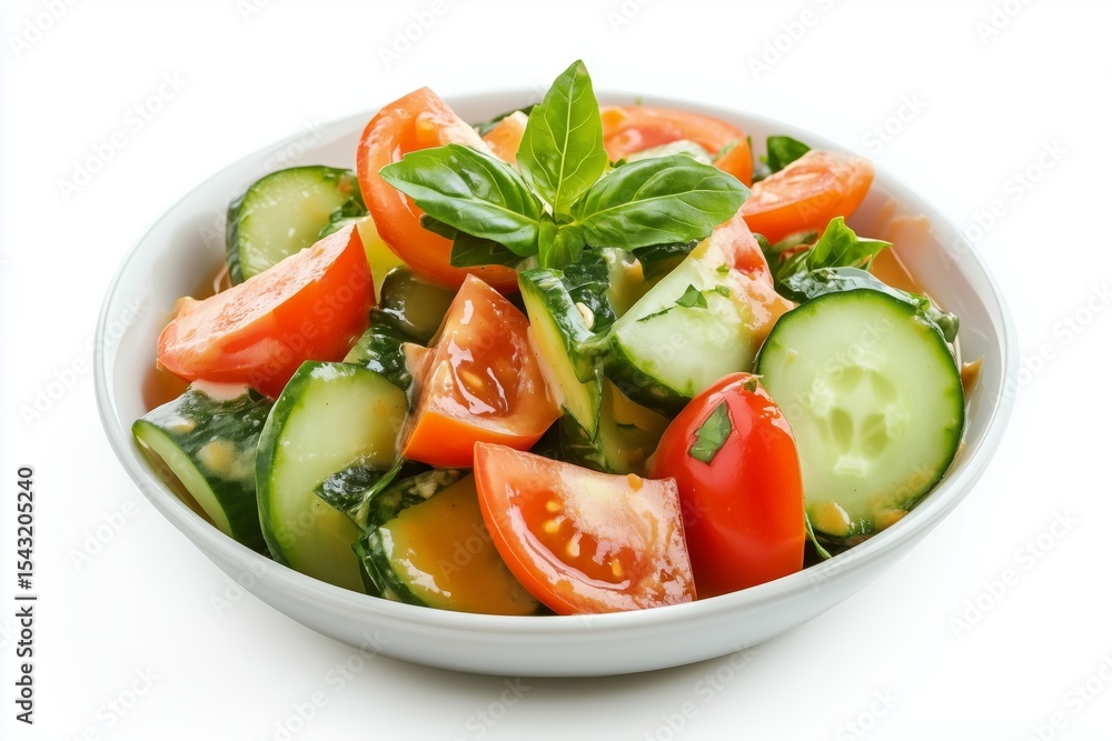 Fresh chopped tomato-cucumber salad prepared with peanut sauce and garnished with basil on a plain white background Fresh chopped tomato-cucumber salad prepared with peanut sauce and garnished with basil on a plain white background