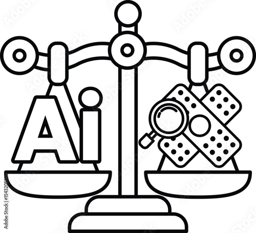 A scale with the letters AI on one side and a magnifying glass on the other