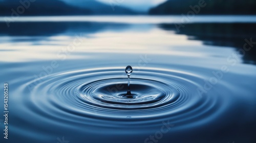 Fototapeta Naklejka Na Ścianę i Meble -  A single drop of water rippling across a vast lake, symbolizing the far-reaching impact of small eco-friendly actions