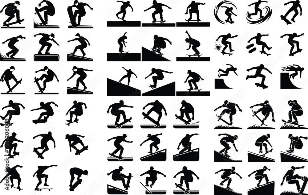 Naklejka premium Skateboard Trick Pose Icon Silhouette – Cool Skater Action Pack Skater Mid-Trick Silhouette Set – Dynamic Skateboarding Icons