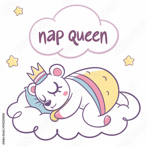 Adorable nap queen bear sleeping on cloud pastel rainbow dreamland