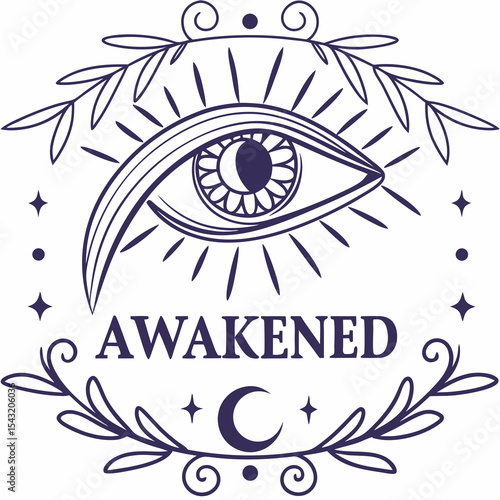 Awakened eye spiritual mystic moon stars leaves design