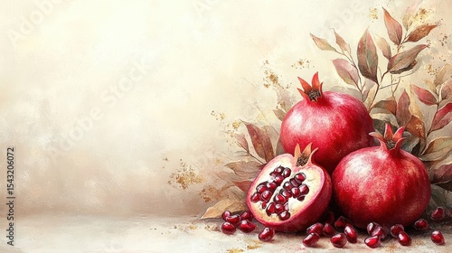 Pomegranate Still Life in Watercolor Style Vivid Crimson Pomegranates with Seeds Artistic Rendition