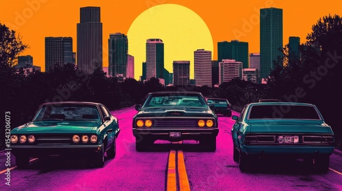 A vintage car rally with three classic cars driving down a road in front of a city skyline.