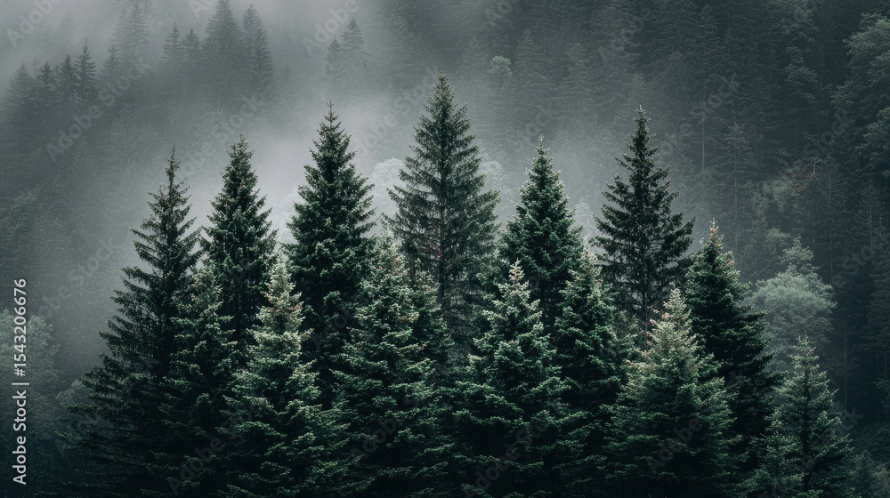 Obraz premium Dense pine trees rise through mist in a tranquil, lush green forest, creating a serene and atmospheric natural landscape