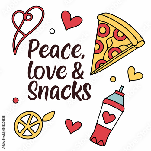 Peace love snacks pizza hearts lemon sauce cute illustration